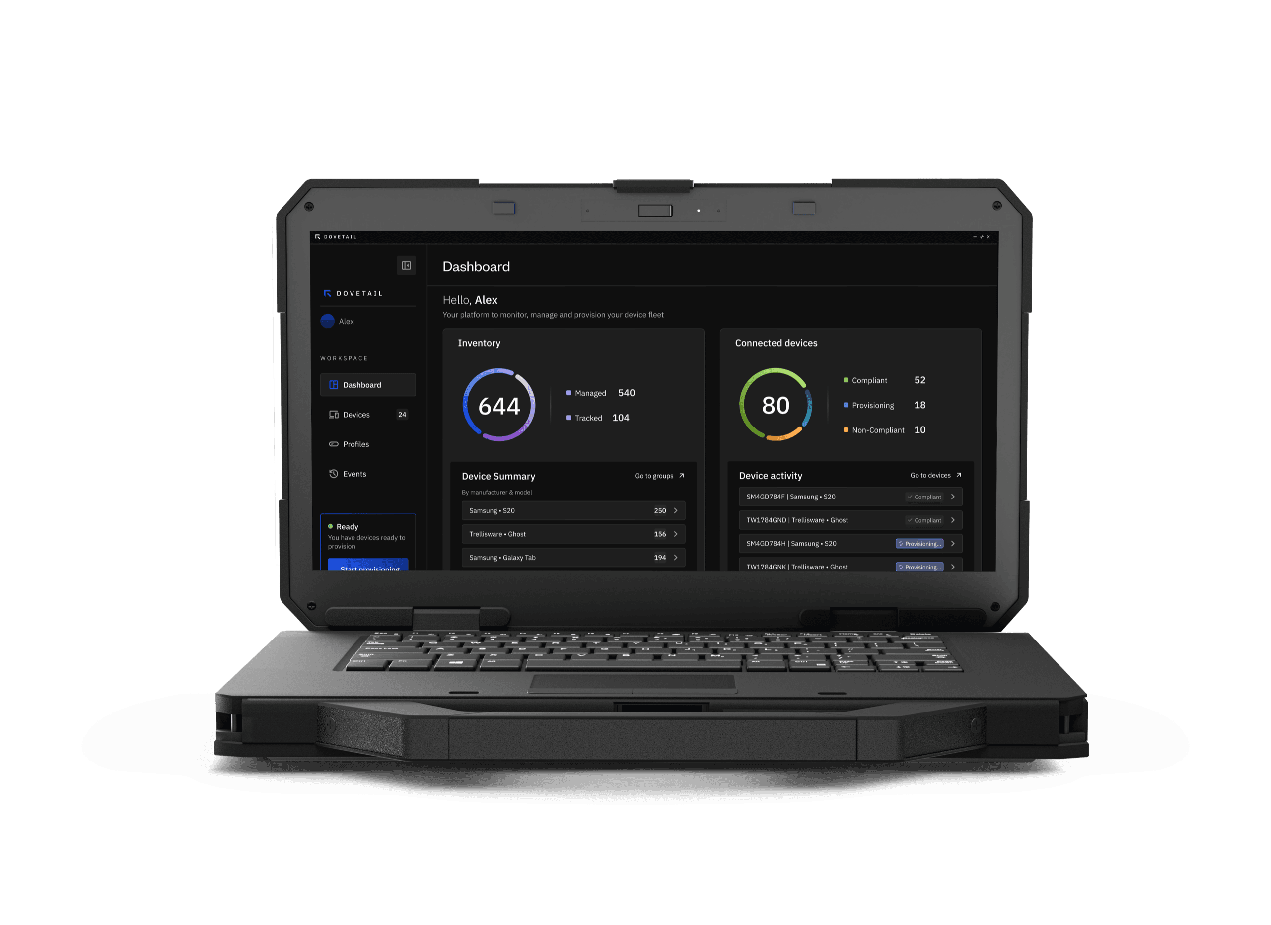 A black ruggedized laptop displaying the dashboard interface with inventory and connected devices.