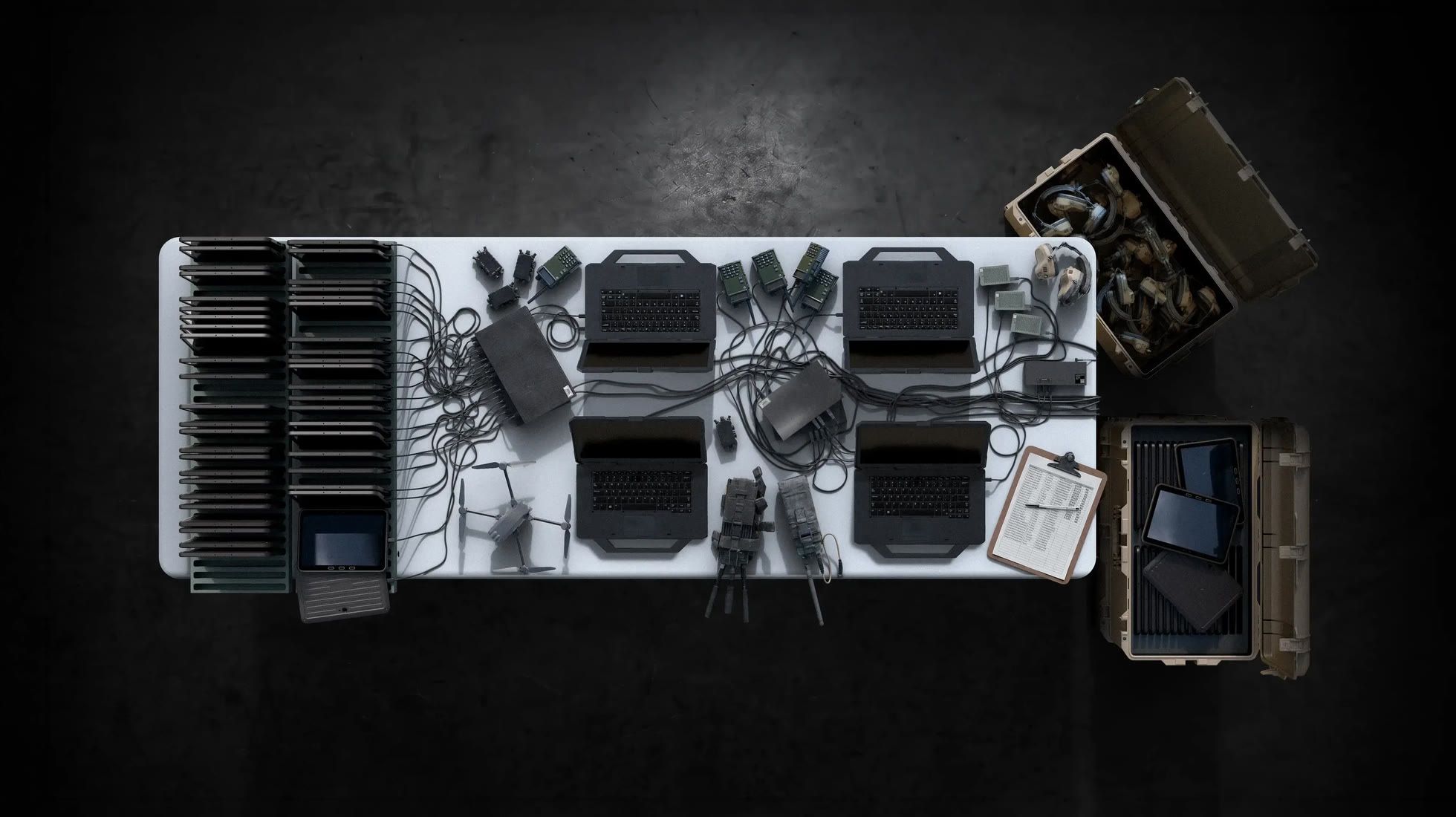 Top-down view of a white table filled with multiple connected electronic devices, including phones and drones.